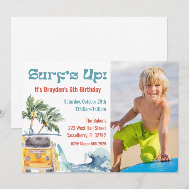 Retro Surf Birthday Party Invitations Photo  (Front/Back)