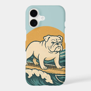 Retro Surf Bulldog Blue Coastal Surfing Dog Phone iPhone 17 Case