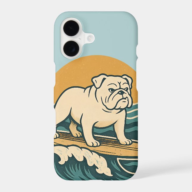 Retro Surf Bulldog Blue Coastal Surfing Dog Phone iPhone Case (Back)