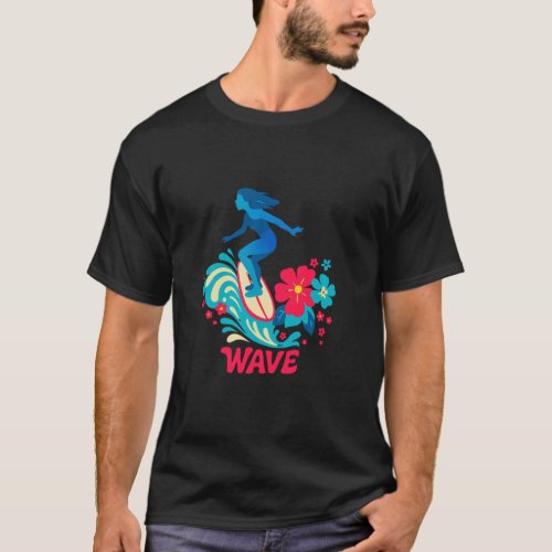 Retro Surf Girl Riding Wave Floral Aesthetic Beach T-Shirt