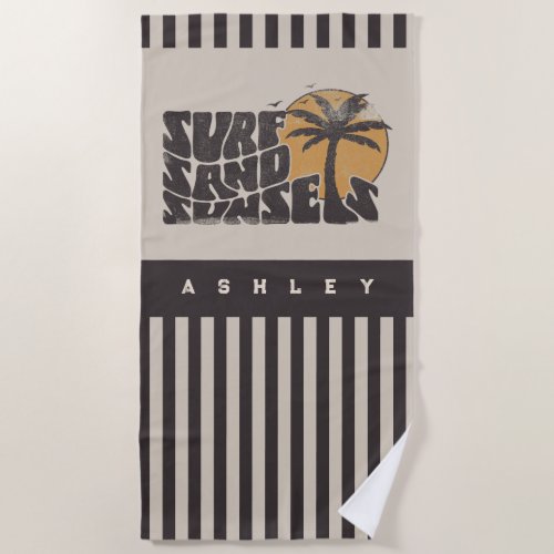 Retro Surf Sand Sunsets Palm Tree Beach Vibes Beach Towel