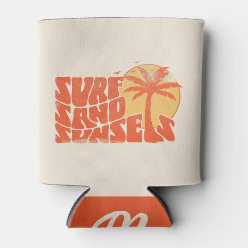 Retro Surf Sand Sunsets Palm Tree Beach Vibes Can Cooler