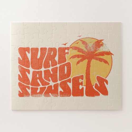 Retro Surf Sand Sunsets Palm Tree Beach Vibes Jigsaw Puzzle