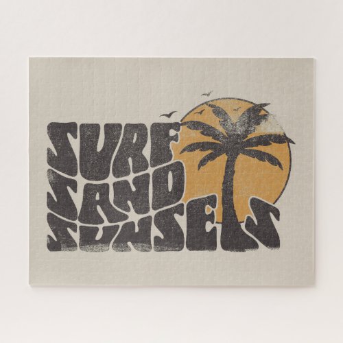 Retro Surf Sand Sunsets Palm Tree Beach Vibes Jigsaw Puzzle