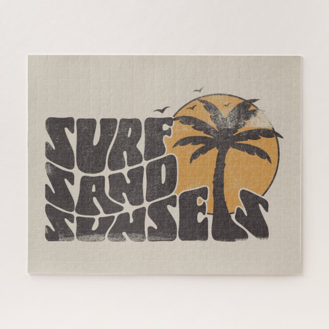 Retro Surf Sand Sunsets Palm Tree Beach Vibes Jigsaw Puzzle (Horizontal)