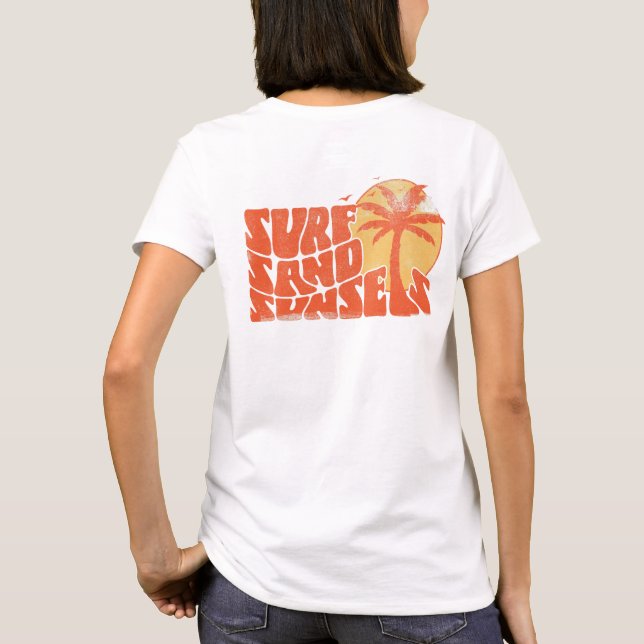 Retro Surf Sand Sunsets Palm Tree Beach Vibes T-Shirt (Back)