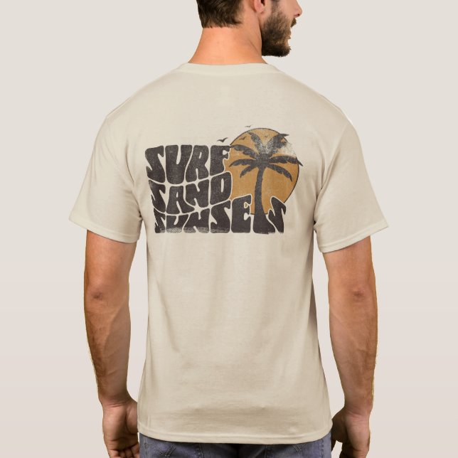 Retro Surf Sand Sunsets Palm Tree Beach Vibes T-Shirt (Back)