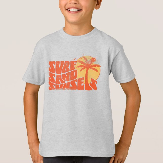 Retro Surf Sand Sunsets Palm Tree Beach Vibes T-Shirt (Front)
