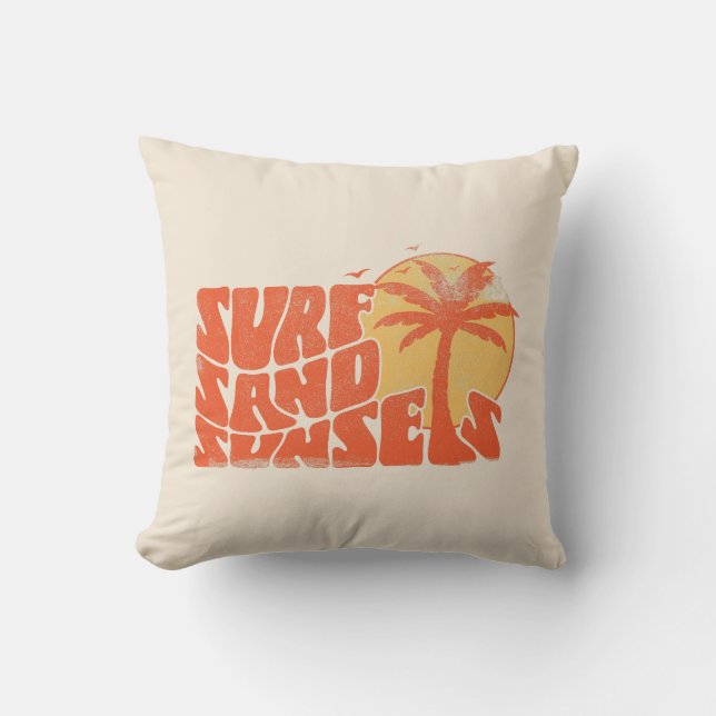 Retro Surf Sand Sunsets Palm Tree Beach Vibes Throw Pillow (Front)