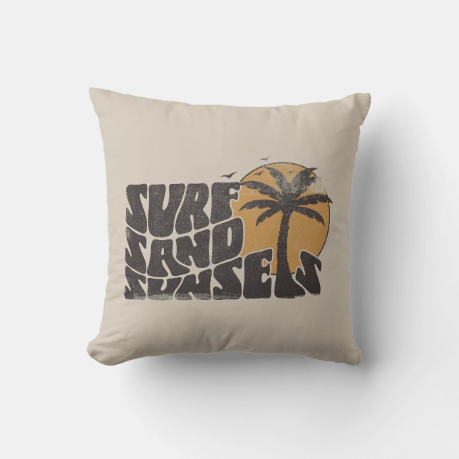 Retro Surf Sand Sunsets Palm Tree Beach Vibes Throw Pillow (Front)