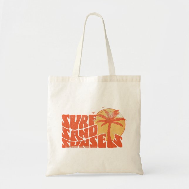 Retro Surf Sand Sunsets Palm Tree Beach Vibes Tote Bag (Front)