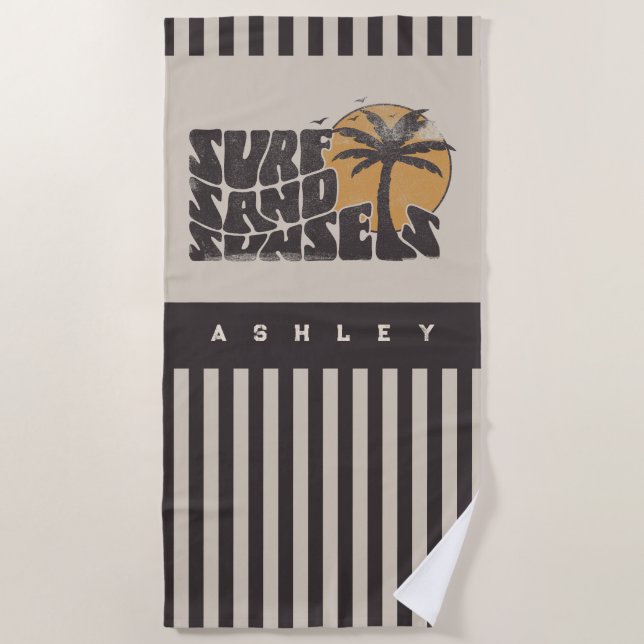 Retro Surf Sand Sunsets Palm Tree Beach Vibes Towel (Front)