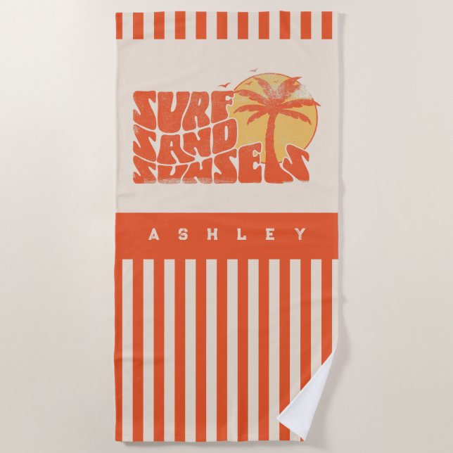 Retro Surf Sand Sunsets Palm Tree Beach Vibes Towel (Front)