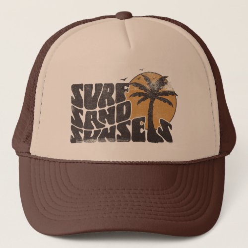 Retro Surf Sand Sunsets Palm Tree Beach Vibes Trucker Hat
