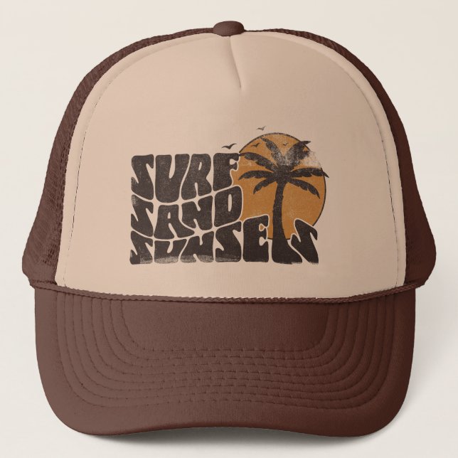 Retro Surf Sand Sunsets Palm Tree Beach Vibes Trucker Hat (Front)