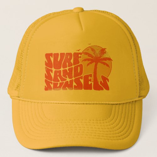 Retro Surf Sand Sunsets Palm Tree Beach Vibes Trucker Hat