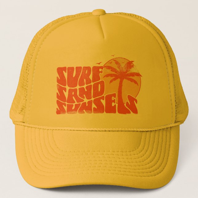 Retro Surf Sand Sunsets Palm Tree Beach Vibes Trucker Hat (Front)