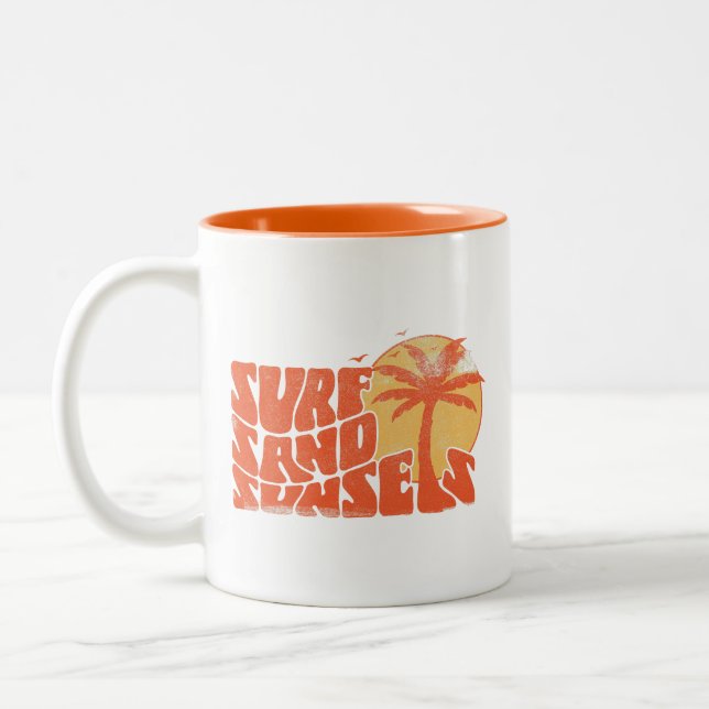 Retro Surf Sand Sunsets Palm Tree Beach Vibes Two-Tone Coffee Mug (Left)