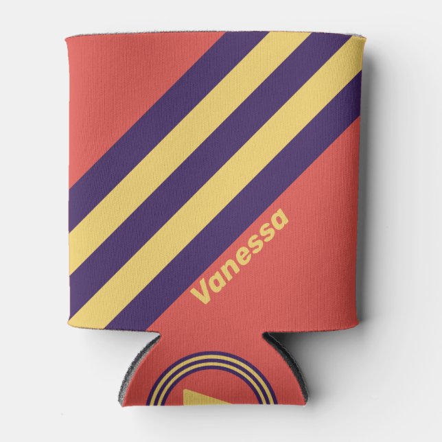 Retro Surf Sunset Stripes with Name Can Cooler (Front)
