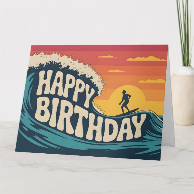 Retro Surf Theme "Happy Birthday" Illustration Card (Front)