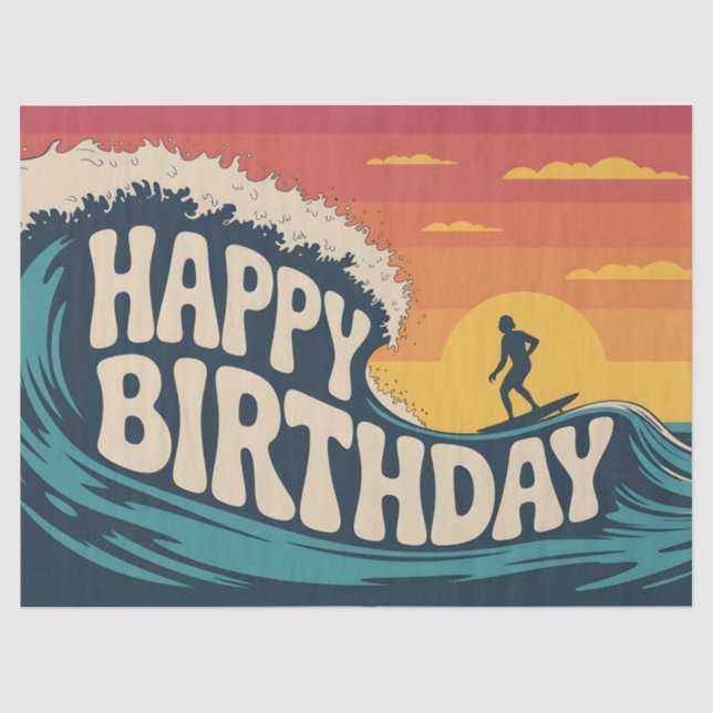 Retro Surf Theme "Happy Birthday" Illustration Tissue Paper (Front)
