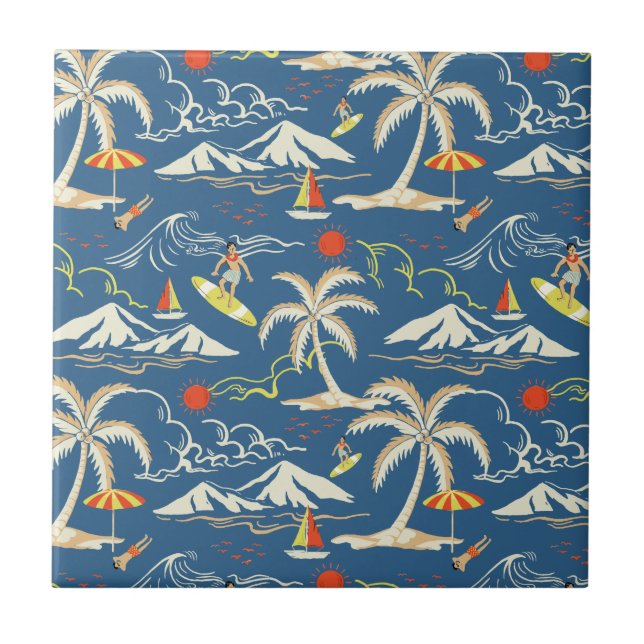 Retro Surf Tropical Pattern Ceramic Tile (Front)