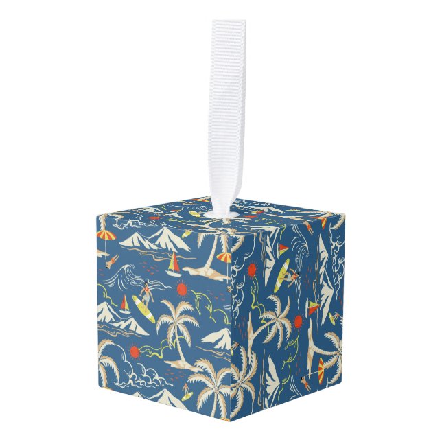 Retro Surf Tropical Pattern Cube Ornament (Front Angled)