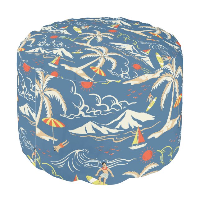 Retro Surf Tropical Pattern Pouf (Angled Back)