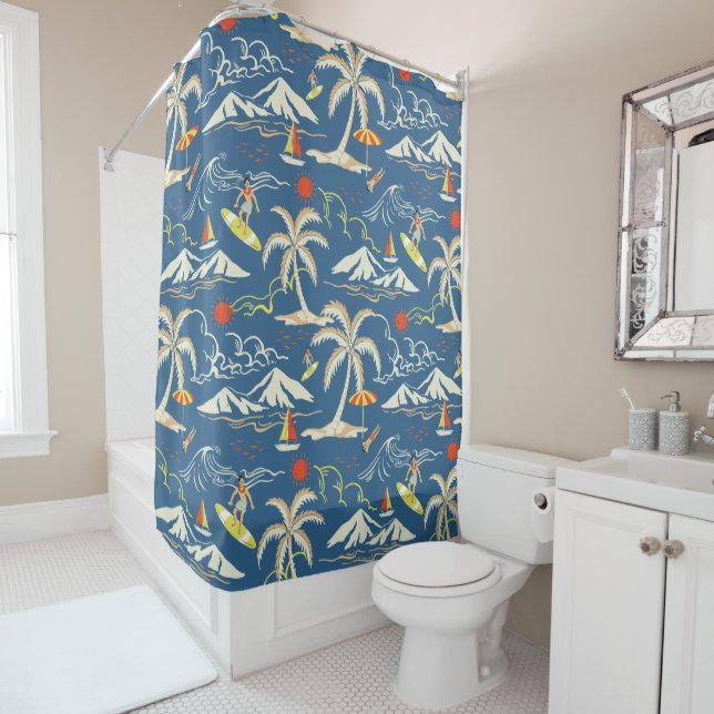 Retro Surf Tropical Pattern Shower Curtain (In Situ)