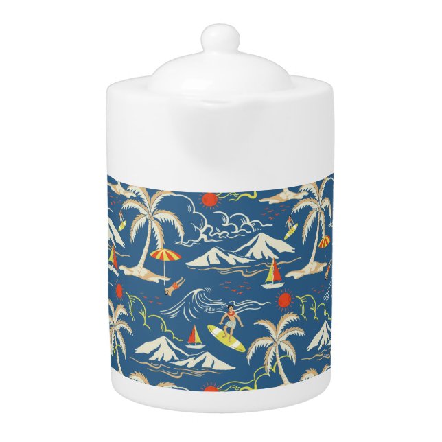 Retro Surf Tropical Pattern Teapot (Front)