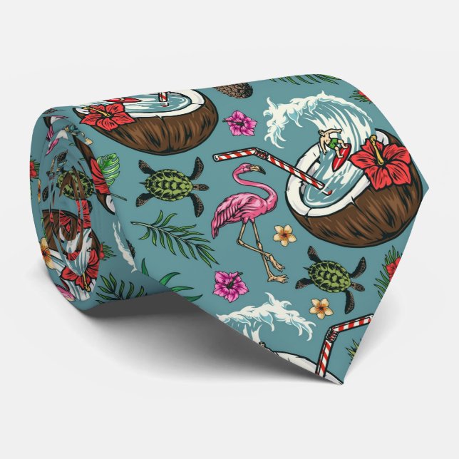 Retro surf tropical themed pattern neck tie (Rolled)