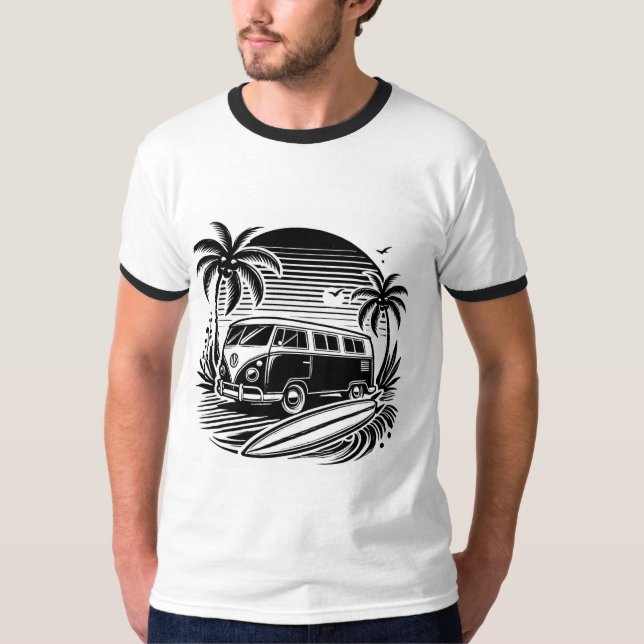 Retro Surf Van & Palm Trees Design T-Shirt (Front)