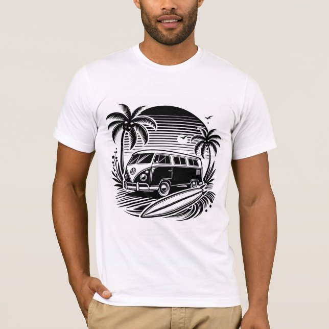 Retro Surf Van & Palm Trees Design T-Shirt (Front)