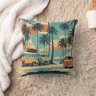 Retro Surf Van & Palm Trees Tropical Throw Pillow