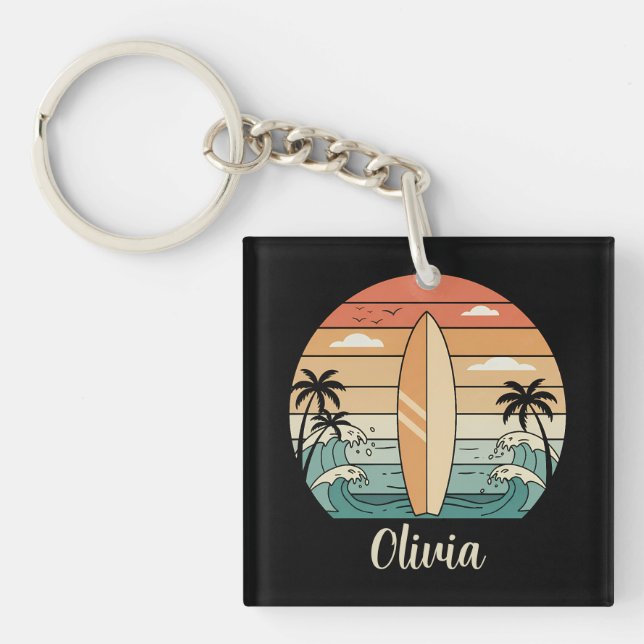 Retro Surf Vibes - Surfboard & Waves Keychain (Front)