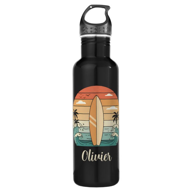 Retro Surf Vibes - Surfboard & Waves Stainless Steel Water Bottle (Front)