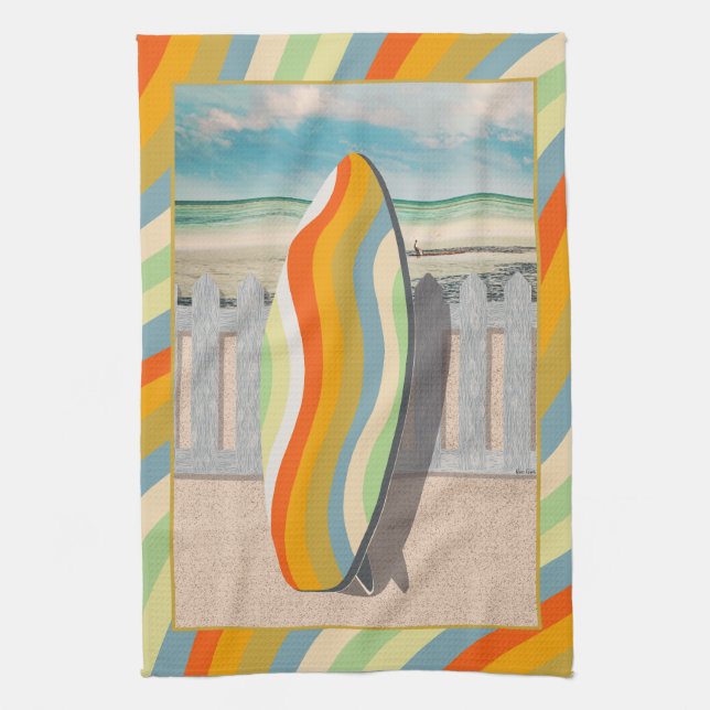 Retro Surfboard Pelican Wavy Stripe Art Kitchen Towel (Vertical)