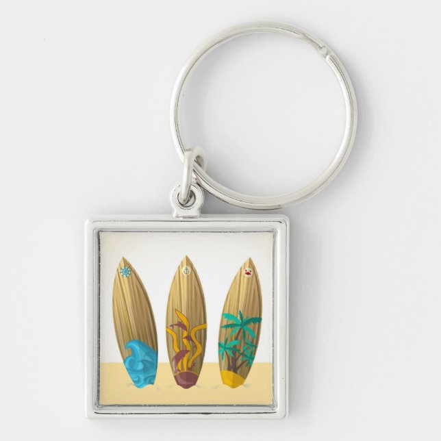 Retro surfboard trio summer beach keychain (Front)
