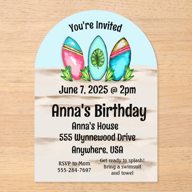 Retro Surfboards, Pink,  Acrylic Invitations (Front)