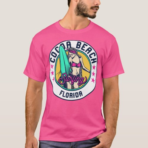 Retro Surfer Babe Badge Cocoa Beach Florida T_Shirt