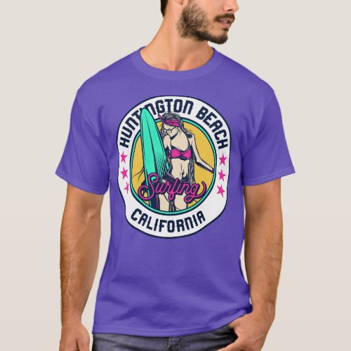 Retro Surfer Babe Badge Huntington Beach Californi T_Shirt
