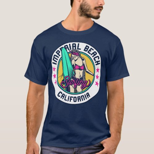 Retro Surfer Babe Badge Imperial Beach California T_Shirt