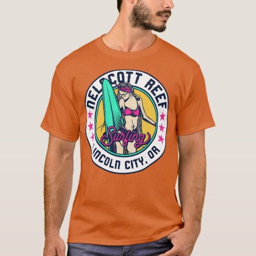 Retro Surfer Babe Badge Nelscott Reef Lincoln City T_Shirt