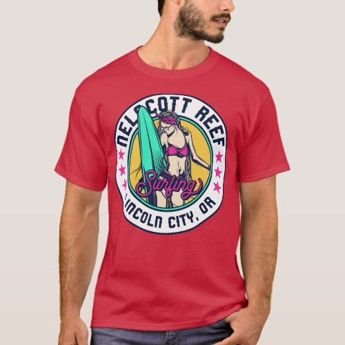 Retro Surfer Babe Badge Nelscott Reef Lincoln City T_Shirt