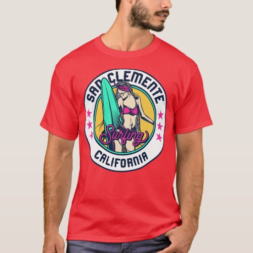 Retro Surfer Babe Badge San Clemente California T_Shirt