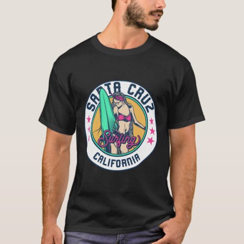 Retro Surfer Babe Badge Santa Cruz California T_Shirt