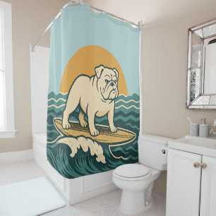 Retro Surfer Bulldog - Blue Coastal Surfing Dog Shower Curtain