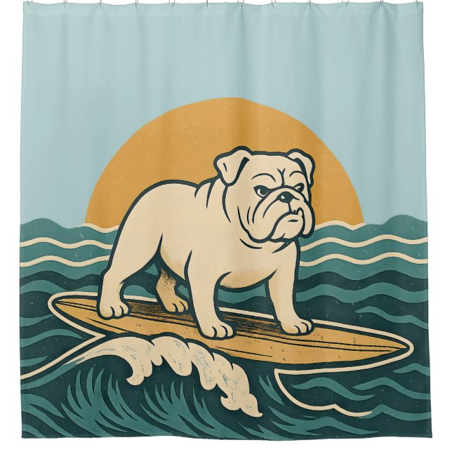 Retro Surfer Bulldog - Blue Coastal Surfing Dog Shower Curtain (Front)