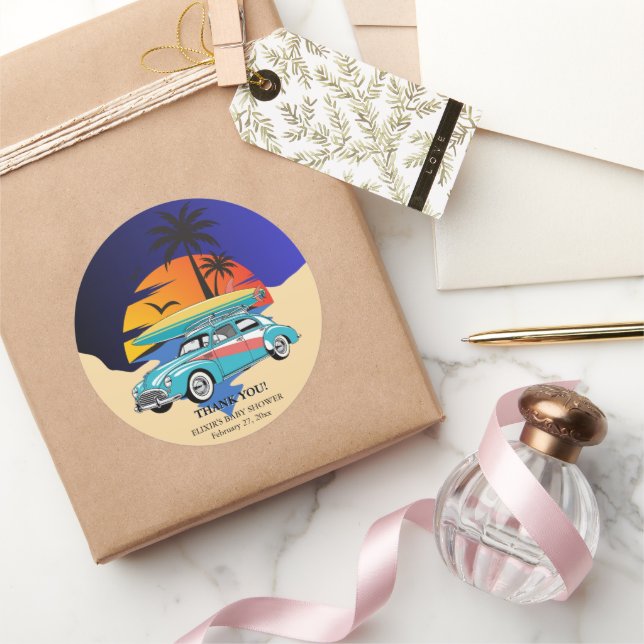 Retro Surfer Car Baby Shower Classic Round Sticker (Gifting)