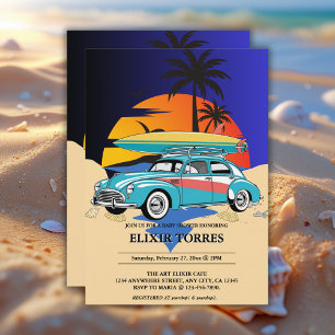 Retro Surfer Car Baby Shower Invitation